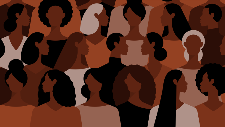 Many people African-American ethnicity. Crowd of black people, men and women. Diversity group of people. Different hairstyle, clothes, ages. Modern vector illustration, background with human figures.