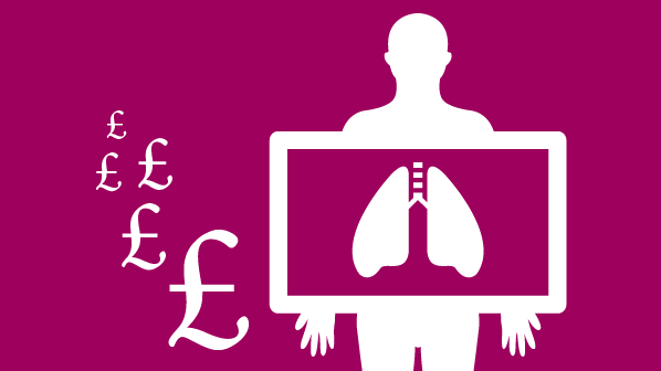 Is catching cancer early worth the extra cost? (Image of pound signs and an person having their lungs x-rayed).