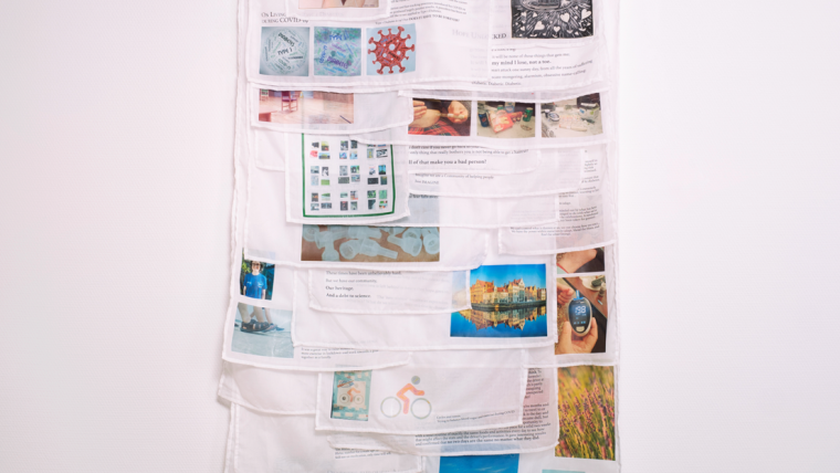Collage of the community submissions of experiences of the covid pandemic from people with diabetes, printed on breathable fabric layers