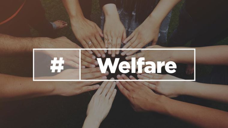 A photo of hands together, overlaid with the word welfare.