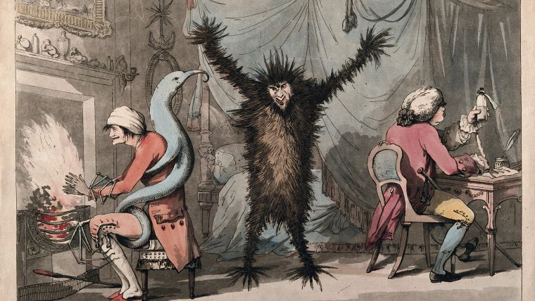 Fever, represented as a frenzied beast, stands racked in the centre of a room, while a blue monster, representing ague, ensnares his victim by the fireside; a doctor writes prescriptions to the right. Coloured etching by T. Rowlandson after J. Dunthorne, 1788.