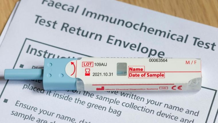 Closeup of FIT test (faecal immunochemical test), a fecal occult blood test for screening bowel cancer