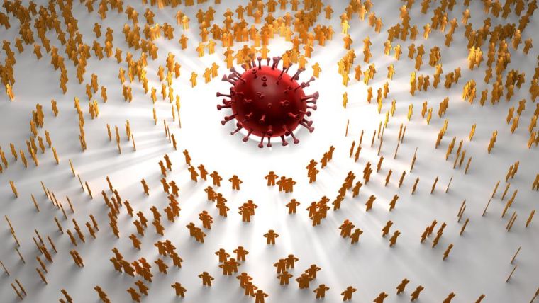 A 3D rendering image of corona virus in center and orange color human symbol dolls stand around with center light glow inside out and diffuse shadow on white floor