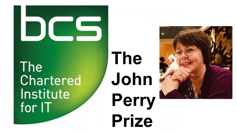 The BCS logo, and a portrait of Prof Julia Hippisley-Cox