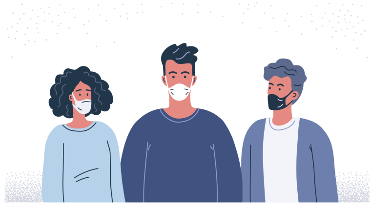 illustration of three normal people all wearing face coverings
