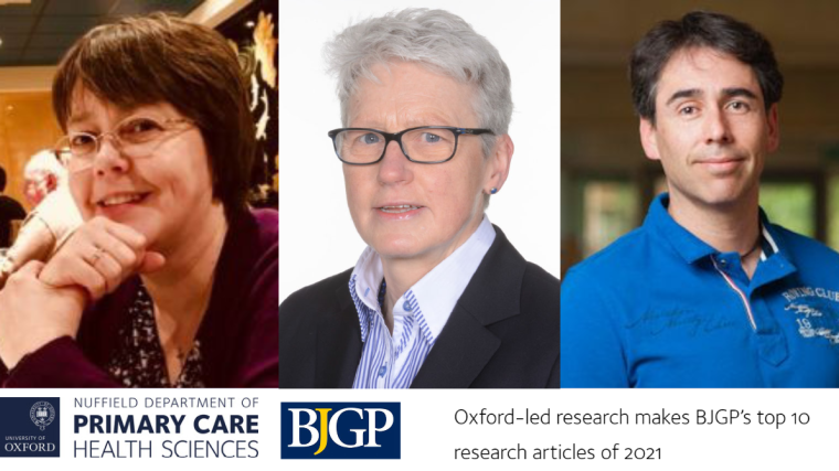 Graphic showing three of the leading authors in the 2021 top articles: Rafael Perera, Trish Greenhalgh and Julia Hippisley-Cox
