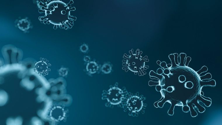 Coloured coronaviruses on dark background - graphically designed.