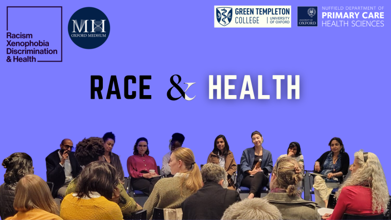 A group of people sit and discuss Race and Health. Logos above. Text reads: Race and Health.