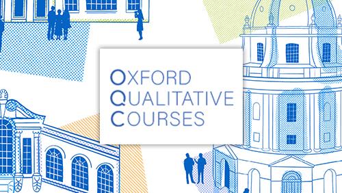 Hand drawn image of Oxford buildings surrounded by people talking, with the logo - Oxford Qualitative Courses.